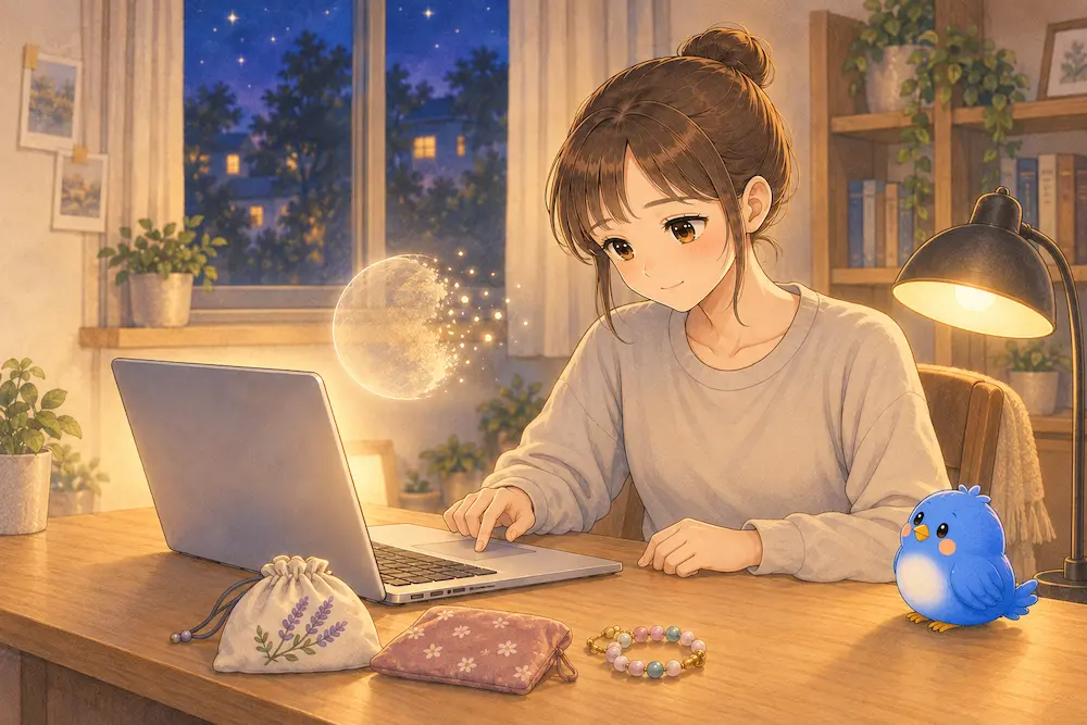 夜のスタンドライトに照らされた机で、カシコが小さくほほえみながらノートPCのタッチパッドに右手の人差し指を触れ、そばのナゾタマが淡い金色の細かな光の粒へほどけ、机の端で青い鳥のワイズが見守るイラスト。