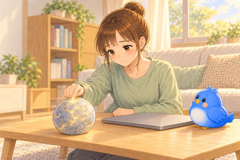 灰色の残るナゾタマに指先でそっと触れ、ひびが金色の網目に変わっていくのをほっとした顔で見つめるカシコと、閉じたノートパソコンの横で見守る青い鳥のワイズのイラスト。