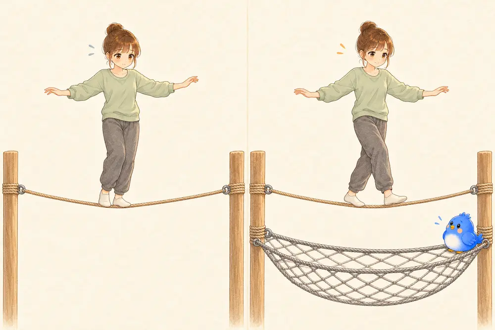 下に網がない綱の上でこわごわ立ち止まるカシコと、下に網が張られた同じ綱の上で一歩踏み出すカシコを左右に比べたイラスト。右の網のふちに青い鳥のワイズがとまっている。