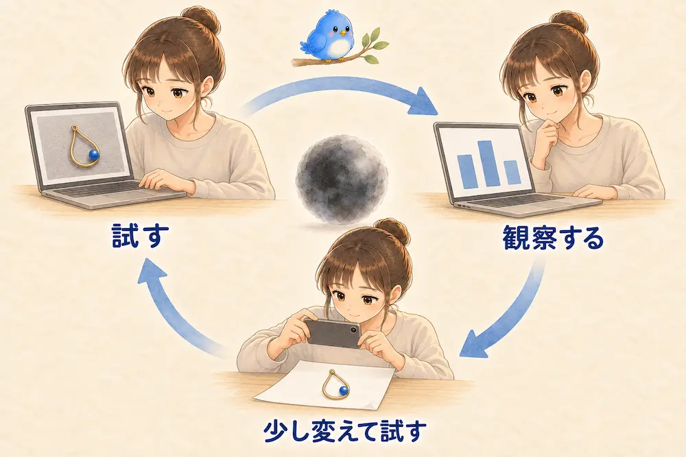 「試す」「観察する」「少し変えて試す」の文字と、カシコがアクセサリーの写真を映したPCを操作し、棒グラフを見て、白い紙に置いた同じアクセサリーをスマホで撮影する3つの場面を時計回りの矢印で輪につなぎ、中央に大きめの灰黒色のナゾタマ、上方の枝に青い鳥のワイズを描いた図。